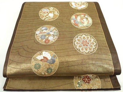 平和屋本店●六通柄袋帯　花鳥丸文　金泥箔　正絹　逸品　DABG2045ud