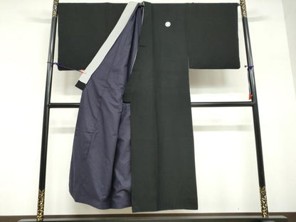 平和屋着物●男性　黒紋付　長羽織セット　羽裏：一富士二鷹三茄子　キングサイズ　正絹　逸品　DABG2098ud