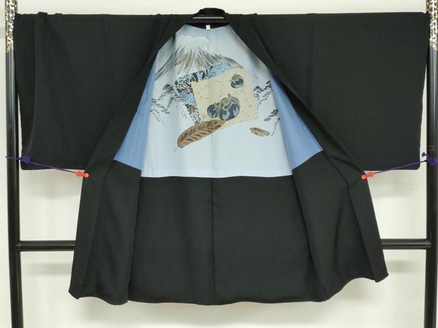 平和屋着物●男性　黒紋付　長羽織セット　羽裏：一富士二鷹三茄子　キングサイズ　正絹　逸品　DABG2098ud