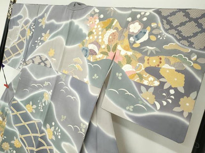 平和屋着物●訪問着　駒刺繍　道長草花文　暈し染め　金彩　正絹　逸品　DABG2105ud