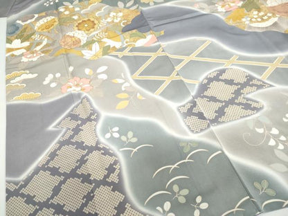 平和屋着物●訪問着　駒刺繍　道長草花文　暈し染め　金彩　正絹　逸品　DABG2105ud