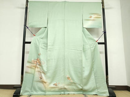 平和屋着物●訪問着　刺繍　扇面色紙重ね草花文　暈し染め　金彩　ロング丈　正絹　逸品　DABG2109ud