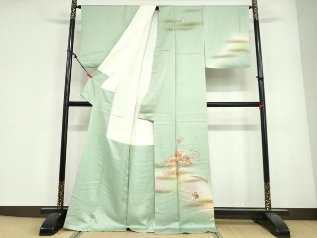 平和屋着物●訪問着　刺繍　扇面色紙重ね草花文　暈し染め　金彩　ロング丈　正絹　逸品　DABG2109ud