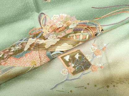 平和屋着物●訪問着　刺繍　扇面色紙重ね草花文　暈し染め　金彩　ロング丈　正絹　逸品　DABG2109ud