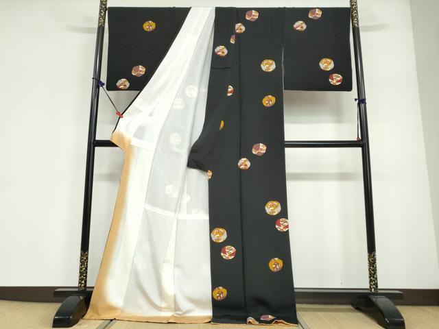 平和屋着物●銀座　志ま亀　小紋　花蝶丸文　黒地　金彩　ロング丈　正絹　逸品　DABG2110ud