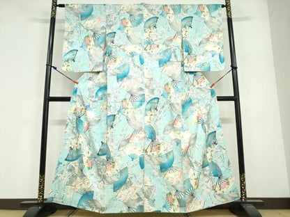 平和屋着物●創業460年・千總　小紋　扇面花鳥文　金彩　正絹　逸品　DABG2129ud