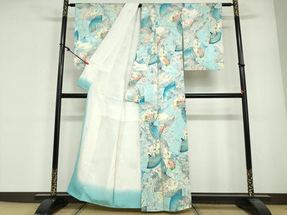 平和屋着物●創業460年・千總　小紋　扇面花鳥文　金彩　正絹　逸品　DABG2129ud
