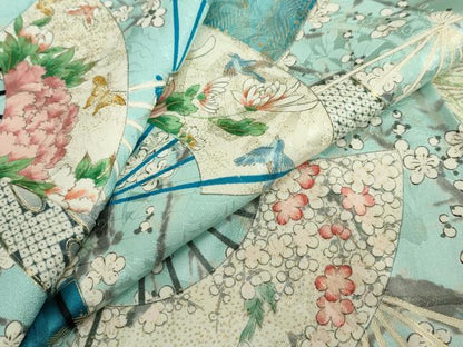 平和屋着物●創業460年・千總　小紋　扇面花鳥文　金彩　正絹　逸品　DABG2129ud