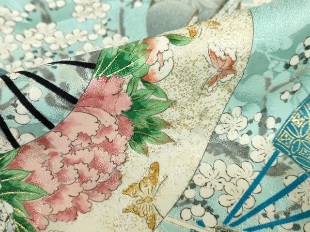 平和屋着物●創業460年・千總　小紋　扇面花鳥文　金彩　正絹　逸品　DABG2129ud