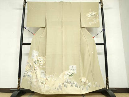 平和屋着物●訪問着　作家物　駒刺繍　地紙飛鶴草花文　暈し染め　金彩　正絹　逸品　DABG2133ud
