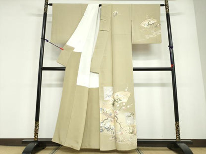 平和屋着物●訪問着　作家物　駒刺繍　地紙飛鶴草花文　暈し染め　金彩　正絹　逸品　DABG2133ud