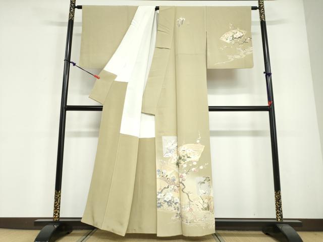 平和屋着物●訪問着　作家物　駒刺繍　地紙飛鶴草花文　暈し染め　金彩　正絹　逸品　DABG2133ud