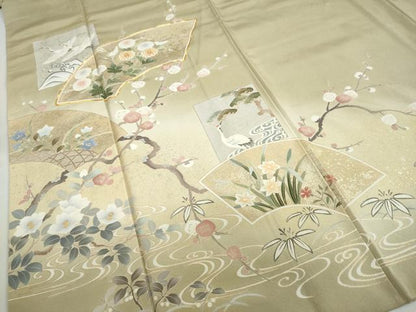平和屋着物●訪問着　作家物　駒刺繍　地紙飛鶴草花文　暈し染め　金彩　正絹　逸品　DABG2133ud