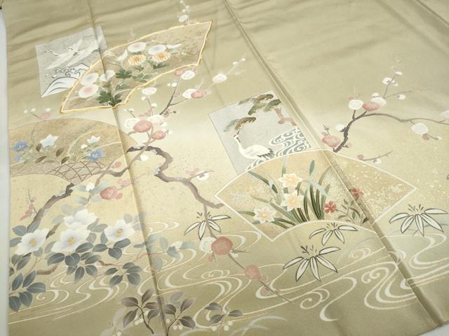 平和屋着物●訪問着　作家物　駒刺繍　地紙飛鶴草花文　暈し染め　金彩　正絹　逸品　DABG2133ud