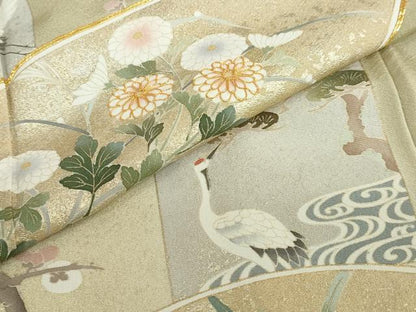 平和屋着物●訪問着　作家物　駒刺繍　地紙飛鶴草花文　暈し染め　金彩　正絹　逸品　DABG2133ud