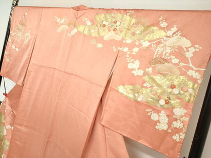 平和屋着物●訪問着　駒刺繍　雲取草花文　金彩　正絹　逸品　DABG2137ud