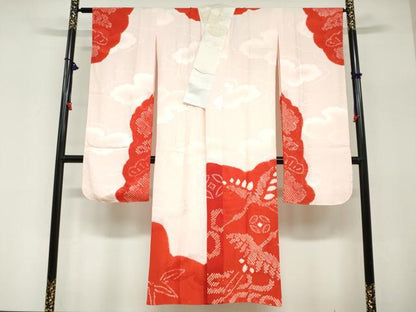 平和屋着物●振袖用長襦袢　袷　絞り　飛鶴文　半衿刺繍　正絹　逸品　DABG2142ud