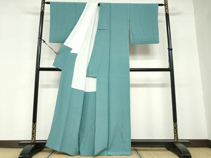 平和屋着物●上質な色無地　青緑色　正絹　逸品　DABG2150ud