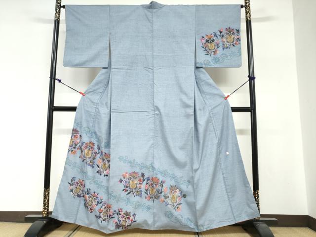 平和屋着物●訪問着　作家物　紬地　洋花文　金彩　正絹　逸品　DABG2216ud