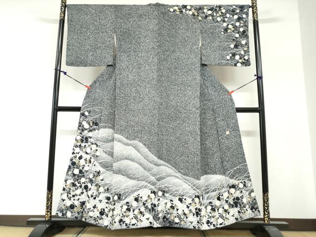 平和屋着物●訪問着　作家物　万寿菊　暈し染め　たたき染め　黒地　金銀彩　正絹　逸品　DABG2224ud
