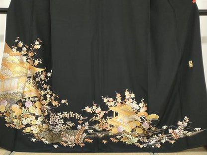 平和屋着物●金彩友禅　卓越技能者・名工・和田光正　黒留袖　平安草花文　金彩　正絹　逸品　DABG2236ud