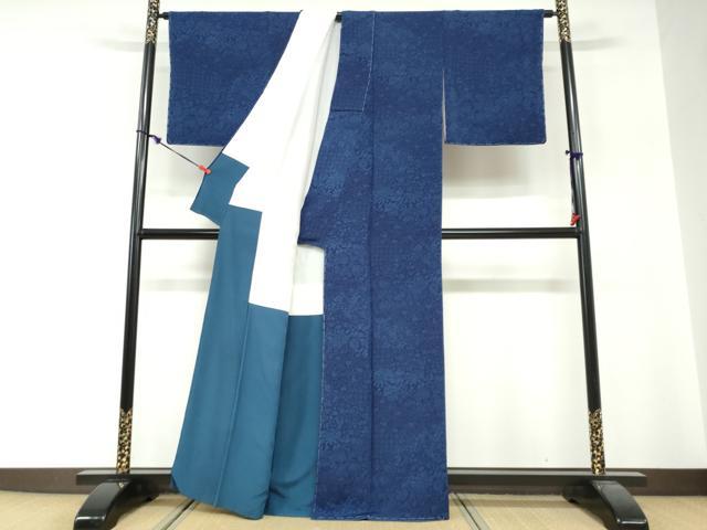 平和屋着物●阿波藍伝統工芸　金子正　小紋　藍　花鳥文　鬼しぼ縮緬　正絹　逸品　未使用　DABG2265ud