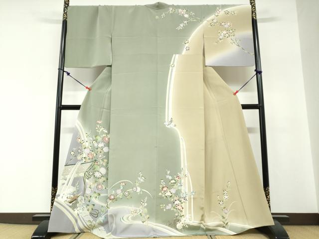 平和屋着物●訪問着　友禅　流水草花文　暈し染め　正絹　逸品　DABG2268ud