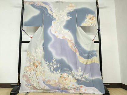 平和屋着物●訪問着　駒刺繍　手毬草花文　暈し染め　金彩　ロング丈　正絹　逸品　DABG2280ud