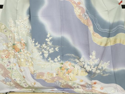 平和屋着物●訪問着　駒刺繍　手毬草花文　暈し染め　金彩　ロング丈　正絹　逸品　DABG2280ud