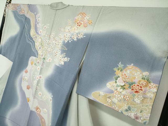 平和屋着物●訪問着　駒刺繍　手毬草花文　暈し染め　金彩　ロング丈　正絹　逸品　DABG2280ud