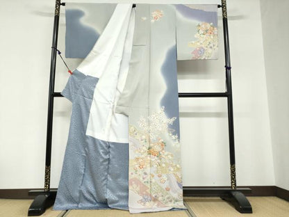 平和屋着物●訪問着　駒刺繍　手毬草花文　暈し染め　金彩　ロング丈　正絹　逸品　DABG2280ud