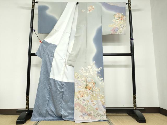 平和屋着物●訪問着　駒刺繍　手毬草花文　暈し染め　金彩　ロング丈　正絹　逸品　DABG2280ud