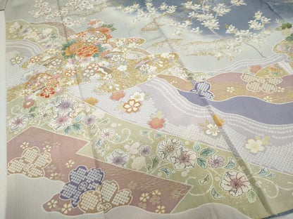 平和屋着物●訪問着　駒刺繍　手毬草花文　暈し染め　金彩　ロング丈　正絹　逸品　DABG2280ud