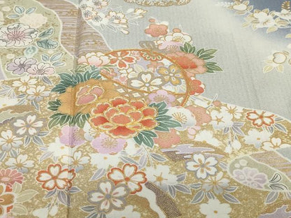 平和屋着物●訪問着　駒刺繍　手毬草花文　暈し染め　金彩　ロング丈　正絹　逸品　DABG2280ud