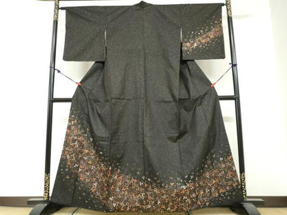平和屋着物●本場縞大島紬　訪問着　駒刺繍　唐草文　黒地　金彩　ますいわ屋扱い　正絹　逸品　DABG2285ud