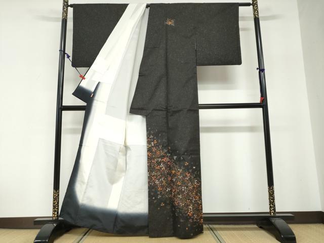 平和屋着物●本場縞大島紬　訪問着　駒刺繍　唐草文　黒地　金彩　ますいわ屋扱い　正絹　逸品　DABG2285ud