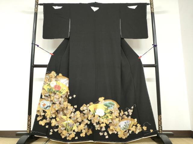 平和屋着物●豪華黒留袖　駒刺繍　地紙飛鶴草花文　金彩　正絹　逸品　未使用　DABG2299ud
