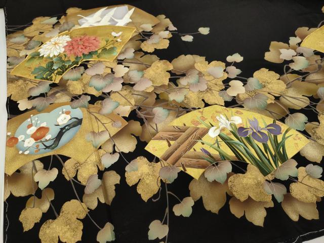 平和屋着物●豪華黒留袖　駒刺繍　地紙飛鶴草花文　金彩　正絹　逸品　未使用　DABG2299ud