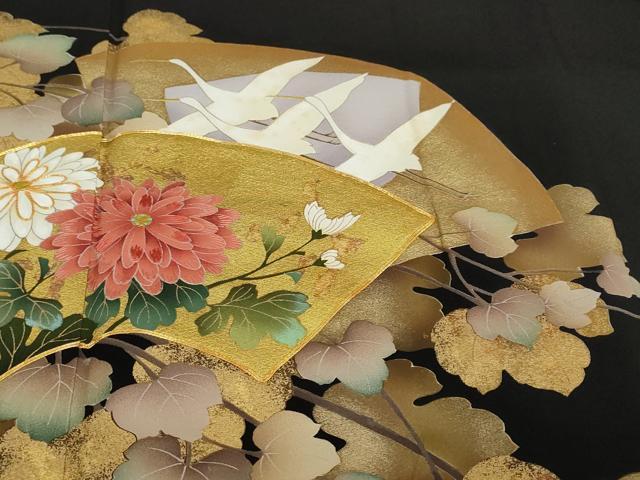 平和屋着物●豪華黒留袖　駒刺繍　地紙飛鶴草花文　金彩　正絹　逸品　未使用　DABG2299ud