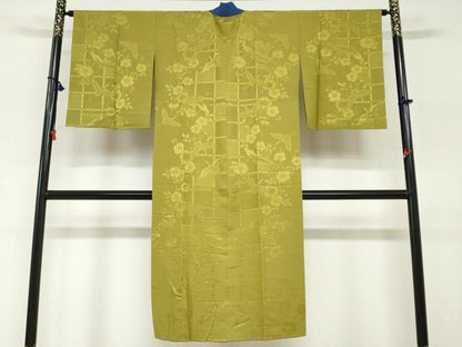 平和屋着物●長襦袢　無双仕立て　飛鶴草花地紋　鶯色　半衿刺繍　正絹　逸品　DABG2316ud