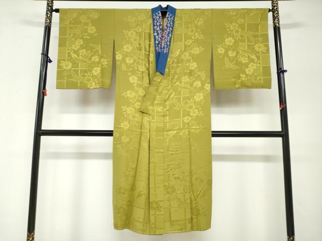 平和屋着物●長襦袢　無双仕立て　飛鶴草花地紋　鶯色　半衿刺繍　正絹　逸品　DABG2316ud
