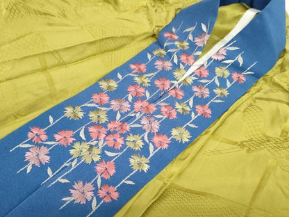 平和屋着物●長襦袢　無双仕立て　飛鶴草花地紋　鶯色　半衿刺繍　正絹　逸品　DABG2316ud