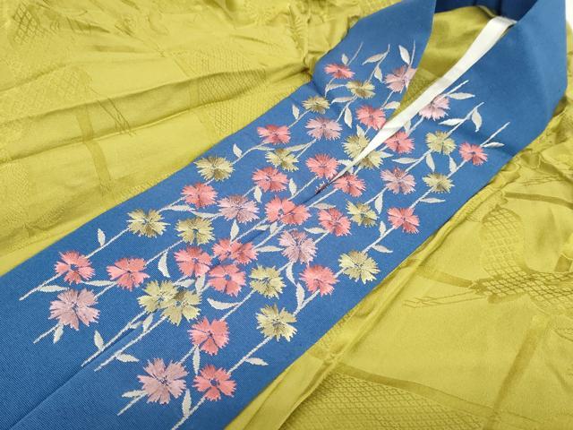 平和屋着物●長襦袢　無双仕立て　飛鶴草花地紋　鶯色　半衿刺繍　正絹　逸品　DABG2316ud