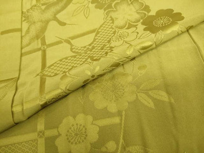 平和屋着物●長襦袢　無双仕立て　飛鶴草花地紋　鶯色　半衿刺繍　正絹　逸品　DABG2316ud