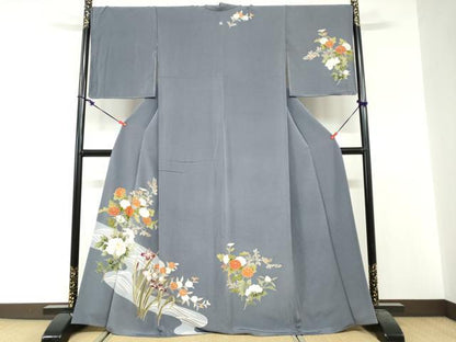 平和屋着物●訪問着　駒刺繍　流水草花文　金彩　鬼しぼ縮緬　正絹　逸品　DABG2329ud