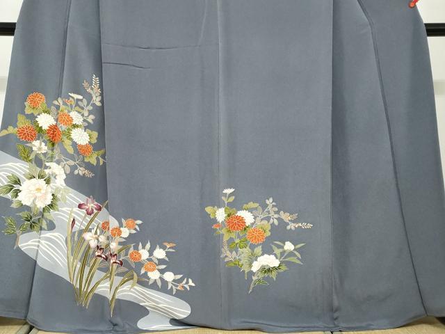平和屋着物●訪問着　駒刺繍　流水草花文　金彩　鬼しぼ縮緬　正絹　逸品　DABG2329ud