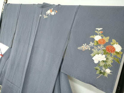平和屋着物●訪問着　駒刺繍　流水草花文　金彩　鬼しぼ縮緬　正絹　逸品　DABG2329ud