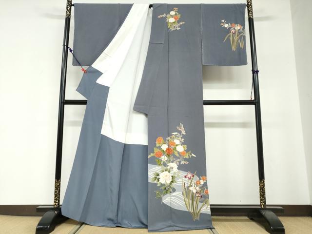 平和屋着物●訪問着　駒刺繍　流水草花文　金彩　鬼しぼ縮緬　正絹　逸品　DABG2329ud