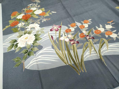 平和屋着物●訪問着　駒刺繍　流水草花文　金彩　鬼しぼ縮緬　正絹　逸品　DABG2329ud