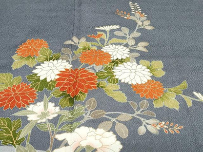 平和屋着物●訪問着　駒刺繍　流水草花文　金彩　鬼しぼ縮緬　正絹　逸品　DABG2329ud